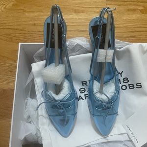 Marc Jacobs Runway Sling Back Kitten Heels Blue Vinyl With Metallic Trims